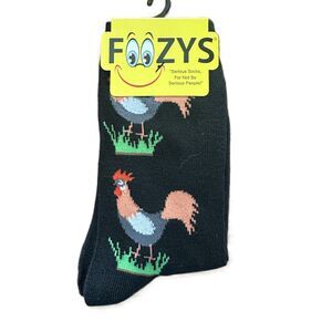 New Foozys Black Crew Length Rooster Pattern Socks Women's One Size